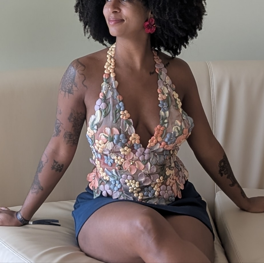 Floral Appliqué Halter Crop Top - Multi